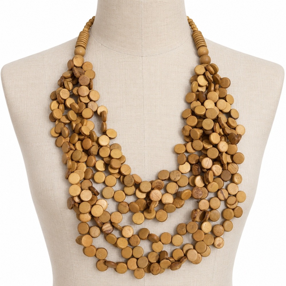 Vintage Wood Disc Multi Strand Necklace Tan Chunky Statement